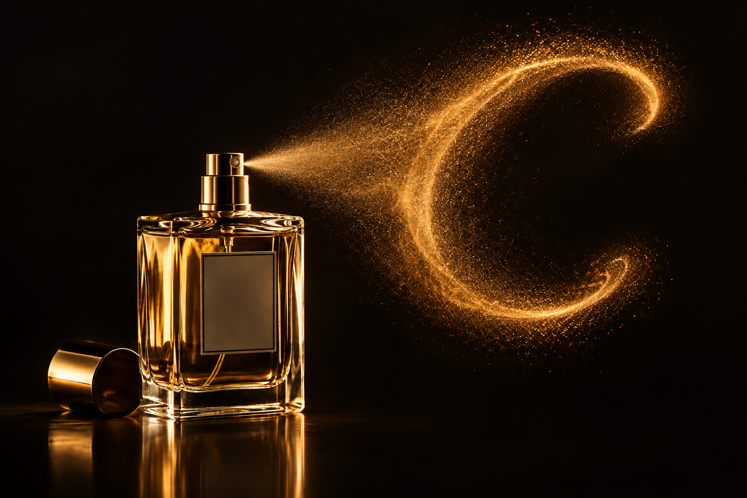 Luxury fragrance bottle mid-spray